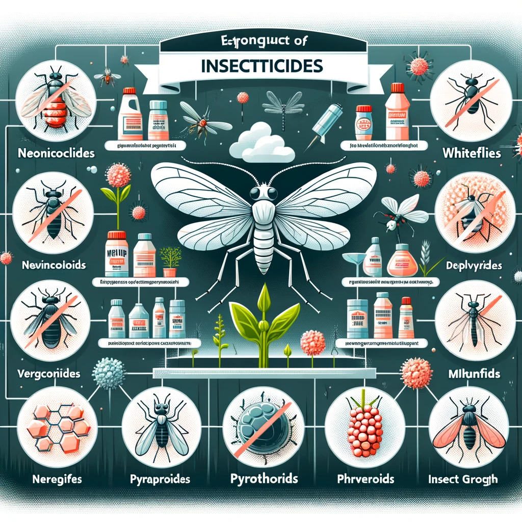 Tipos de Insecticidas Efectivos contra la Mosquita Blanca: Una infografía que ilustra diferentes tipos de insecticidas efectivos, como neonicotinoides, piretroides y reguladores de crecimiento de insectos.