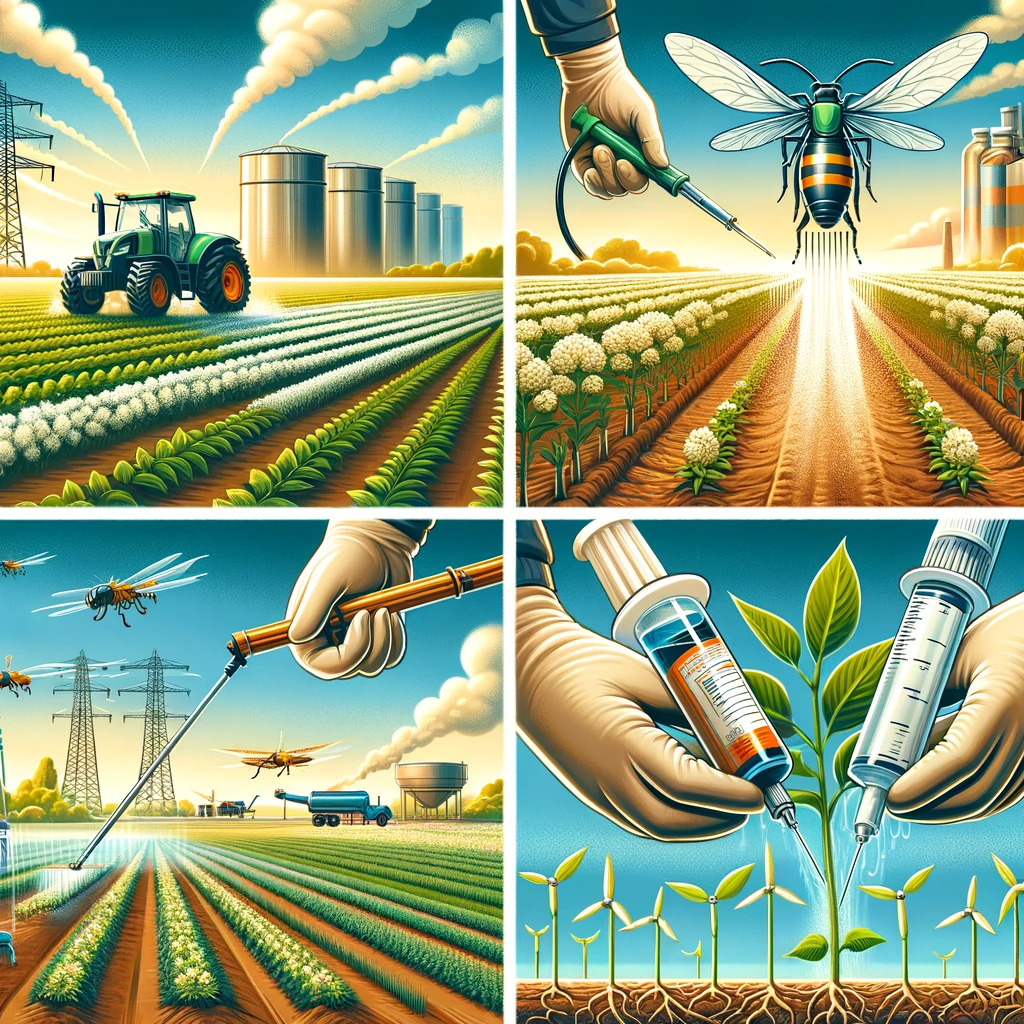 Métodos de Aplicación de Insecticidas en Agricultura: Una ilustración que muestra diferentes métodos de aplicación de insecticidas, como la pulverización foliar, la inyección al suelo y el tratamiento de semillas.