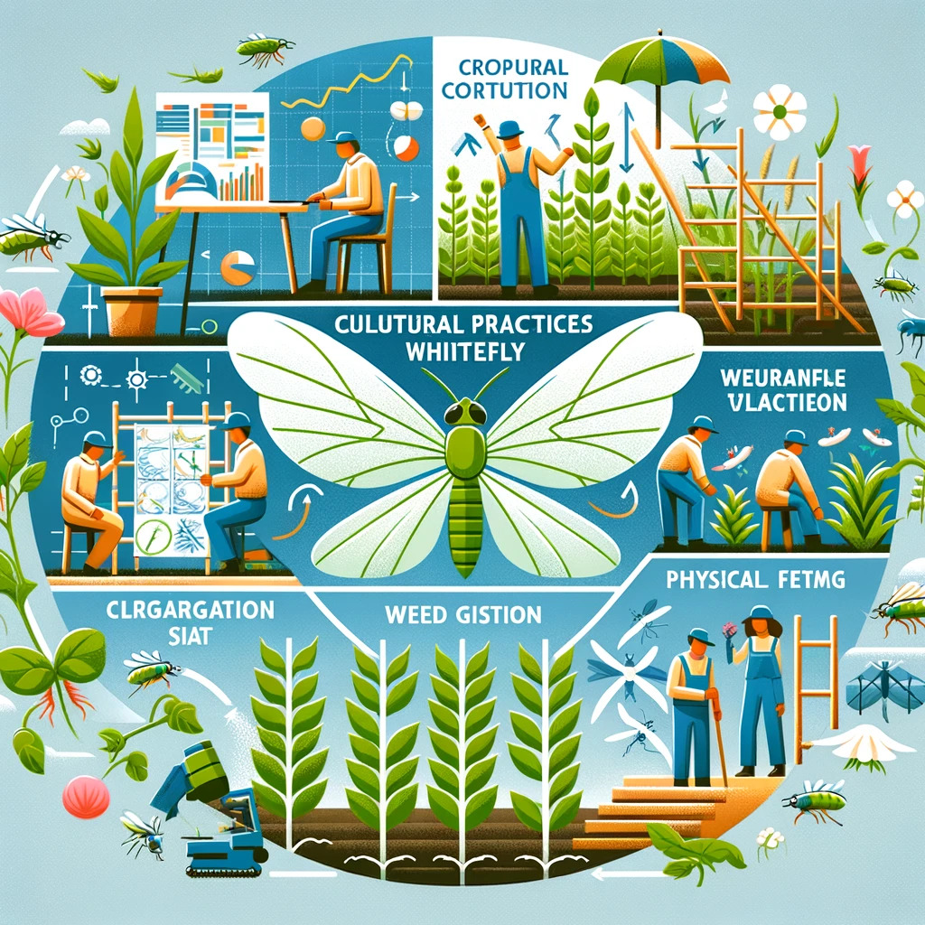 Prácticas Culturales para Reducir la Infestación: Un gráfico que muestra diversas prácticas culturales para reducir la infestación de mosquitas blancas, como la rotación de cultivos, el manejo de malas hierbas y el uso de barreras físicas.