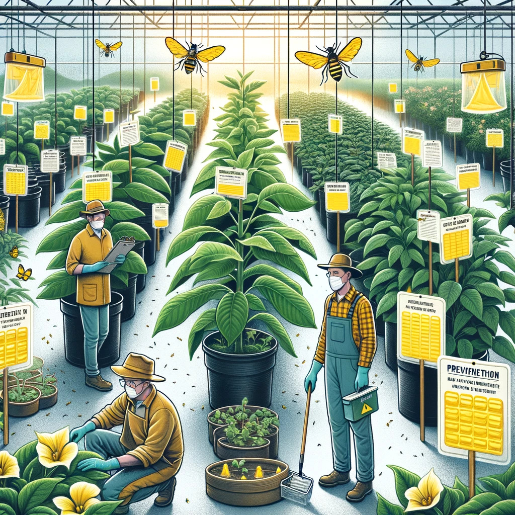 Prevention and Monitoring in Whitefly Management: An illustration showing prevention and monitoring techniques for whitefly management, featuring yellow sticky traps in a greenhouse and farmers inspecting plants.