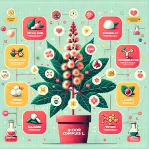 DALL·E 2023 11 24 15.35.26 Infographic illustrating the chemical composition of the castor plant Ricinus Communis L. highlighting the main components such as ricinoleic acid