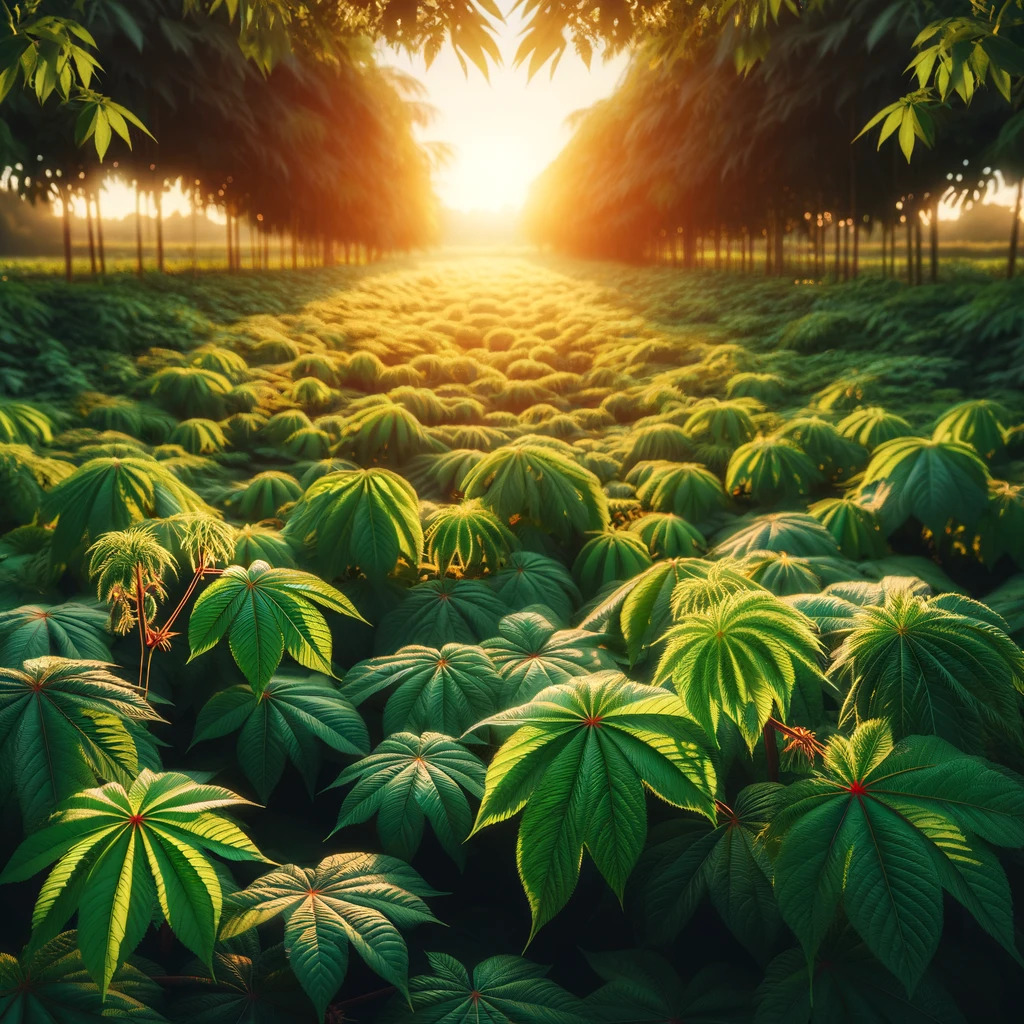 Castor bean plant field Ricinus Communis L., showing lush green plants.