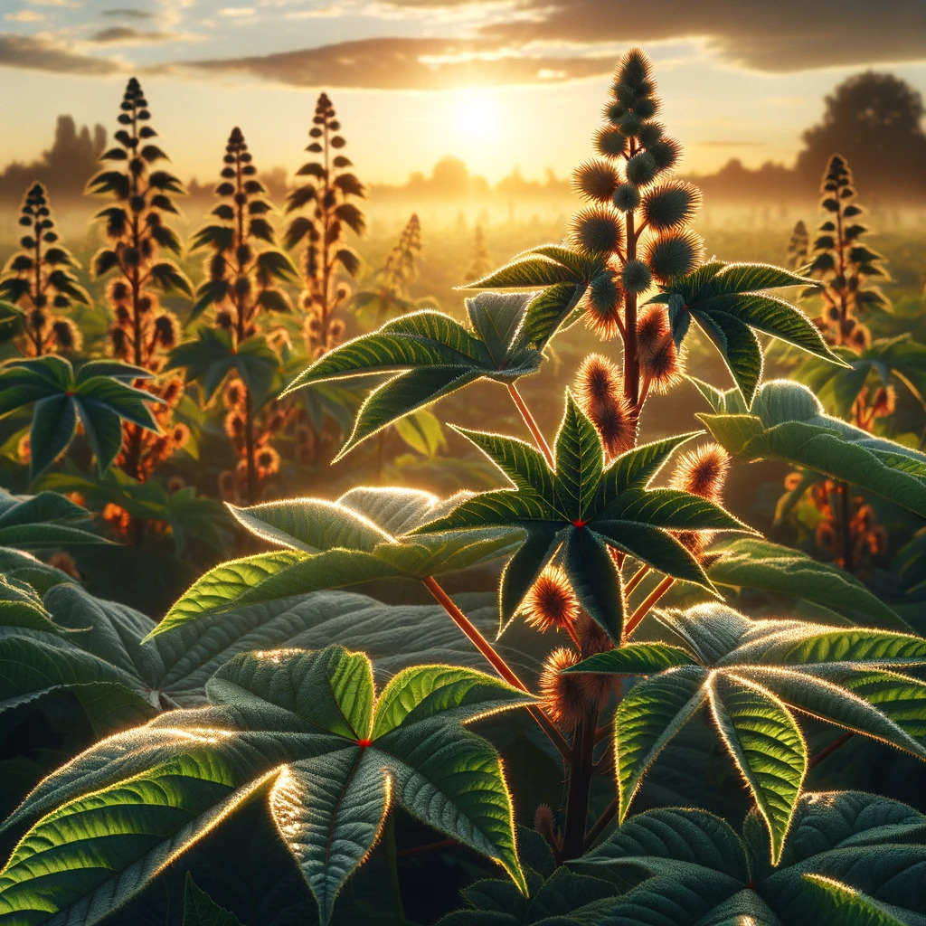 Higuerilla Ricinus Communis L. en un campo, enfocando su uso en control de plagas.