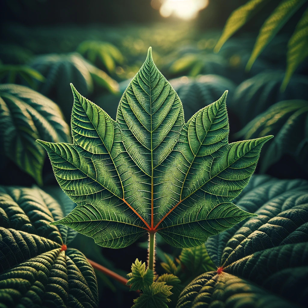 Folha de Ricinus Communis L., representando suas propriedades inseticidas naturais.