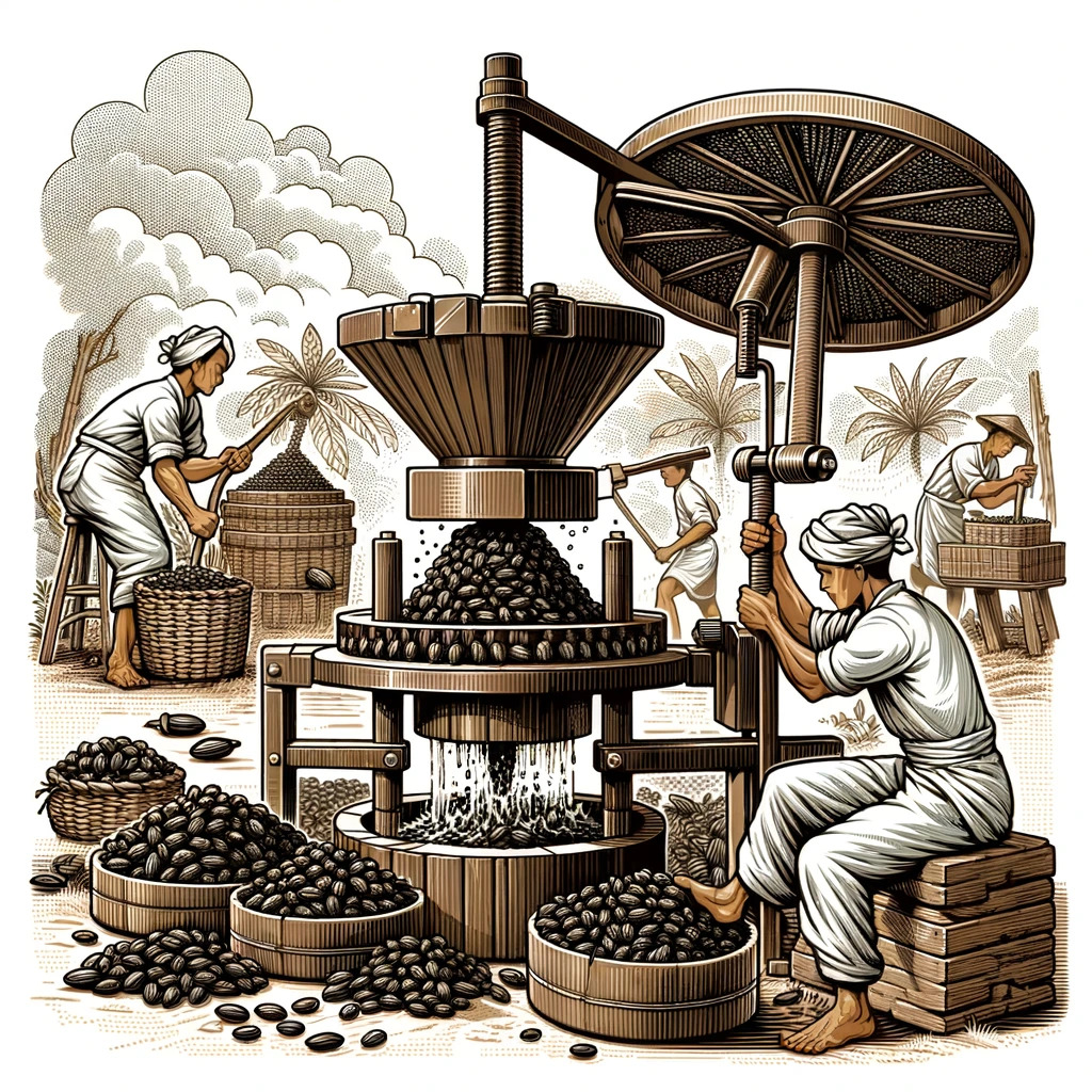 Illustration of the traditional method of extracting oil from Ricinus Communis L.