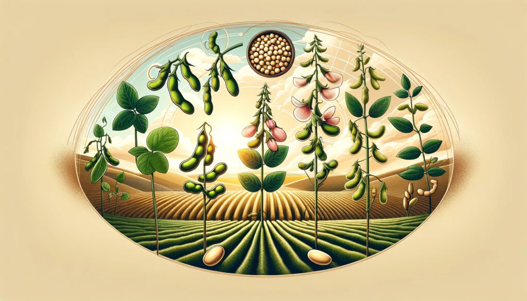 Collage of phenological stages of soybeans from germination to maturation