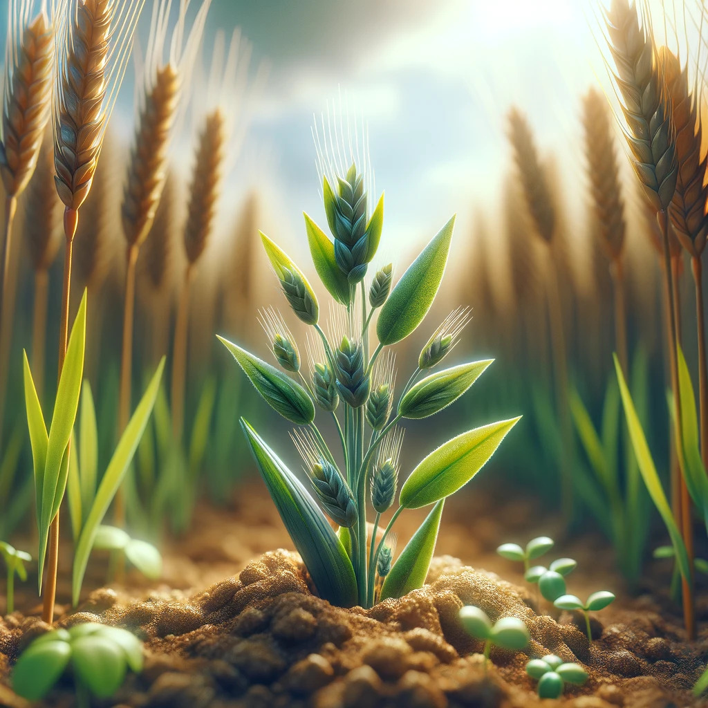 Planta de trigo en fase vegetativa con hojas y tallos desarrollados