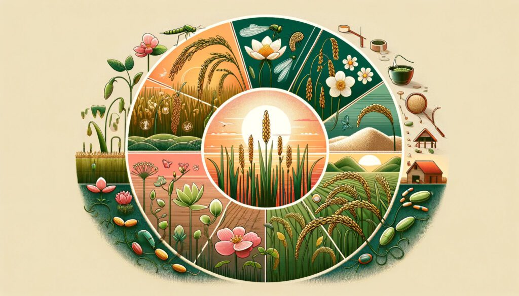 Collage de las etapas de crecimiento del arroz en un campo agrícola