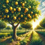 DALL·E 2023 11 27 11.44.24 A vibrant and lush lemon orchard with mature lemon trees showcasing the healthy growth and abundant lemon fruits hanging from the branches. The scene