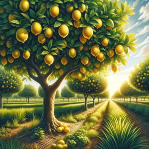 DALL·E 2023 11 27 11.44.24 A vibrant and lush lemon orchard with mature lemon trees showcasing the healthy growth and abundant lemon fruits hanging from the branches. The scene