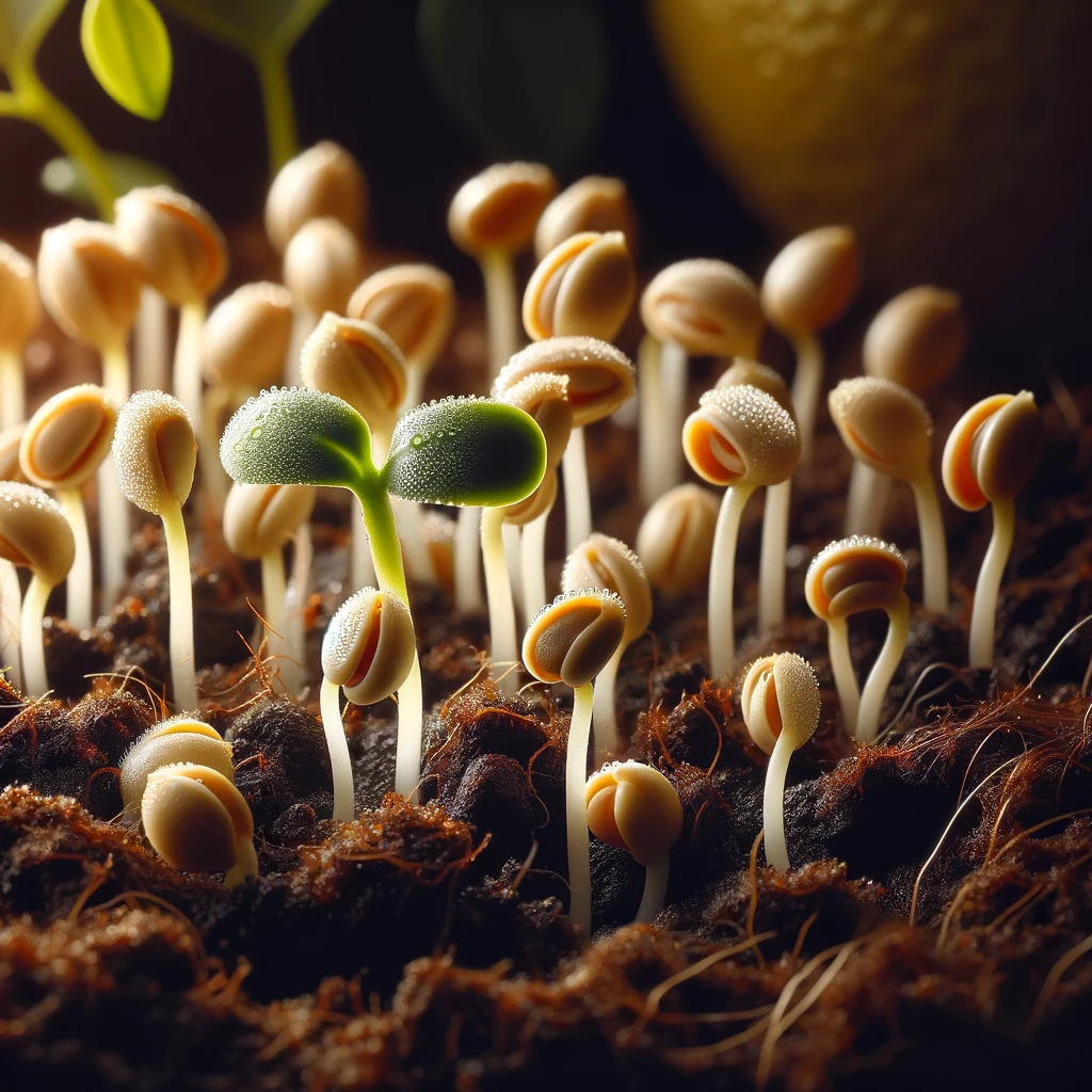 Lemon seeds germinating in fertile soil.