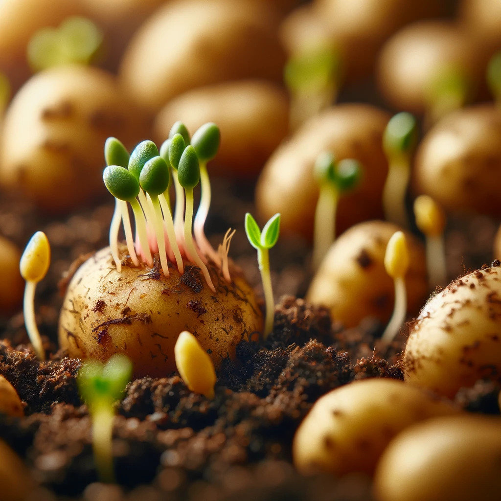 Potato seeds germinating in fertile soil.