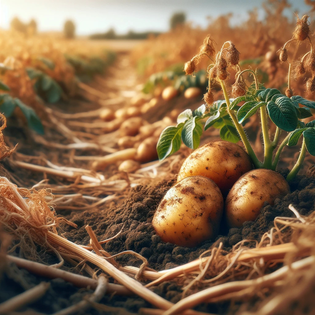 Campo de batatas com tubérculos maduros prontos para colheita.