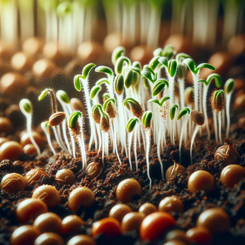 Sementes de tomate germinando em solo fértil.