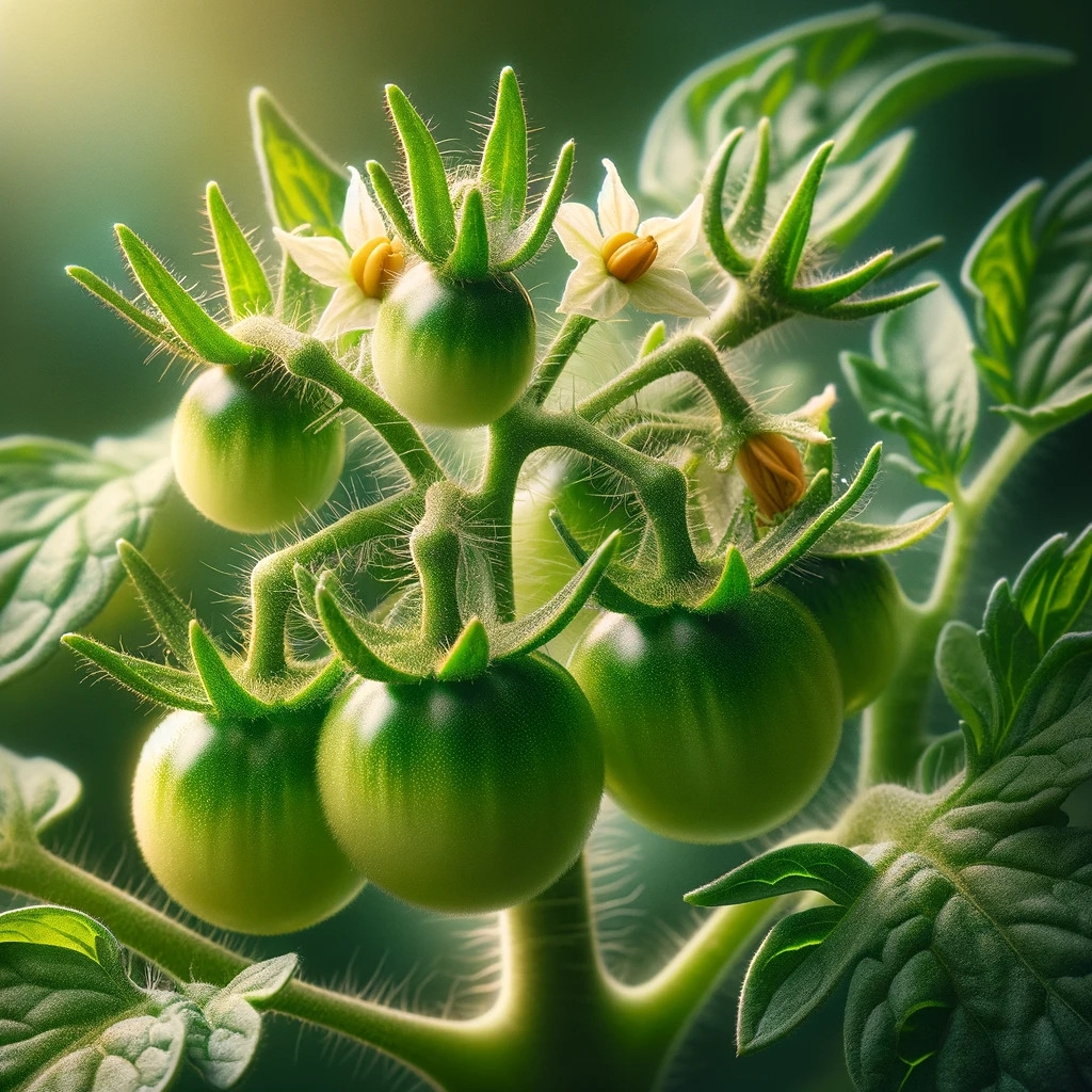 Planta de tomate com frutos em desenvolvimento.