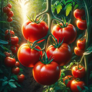 DALL·E 2023 11 27 12.12.36 Maturity and harvest stage of tomato An image depicting a tomato field with ripe red tomatoes ready for harvest. The focus is on the bright red ful