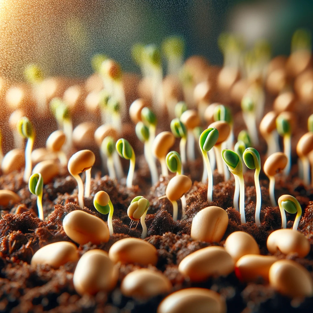 Bean seeds germinating in fertile soil.