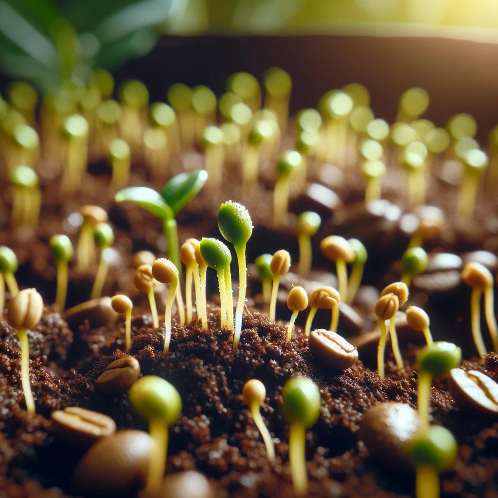 Sementes de café germinando em condições controladas.