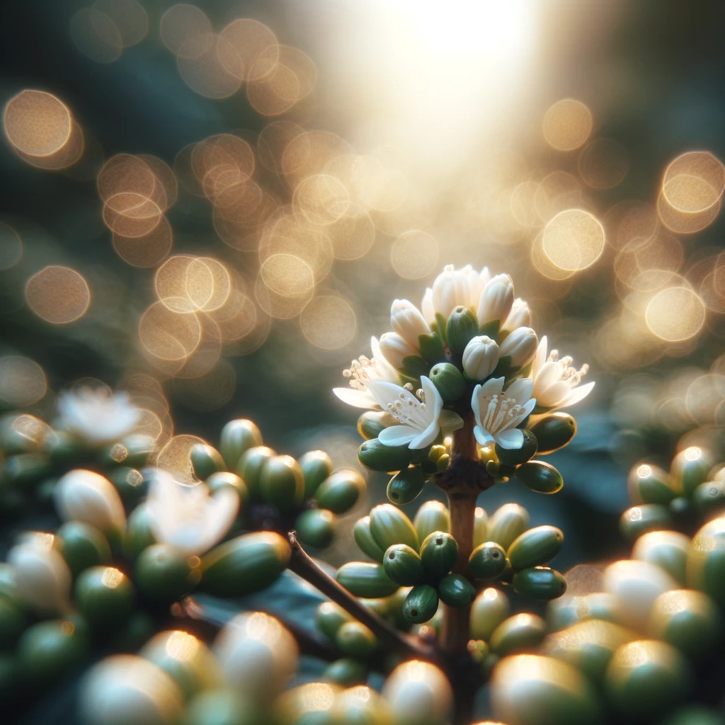 White flowers adorning the coffee plants.