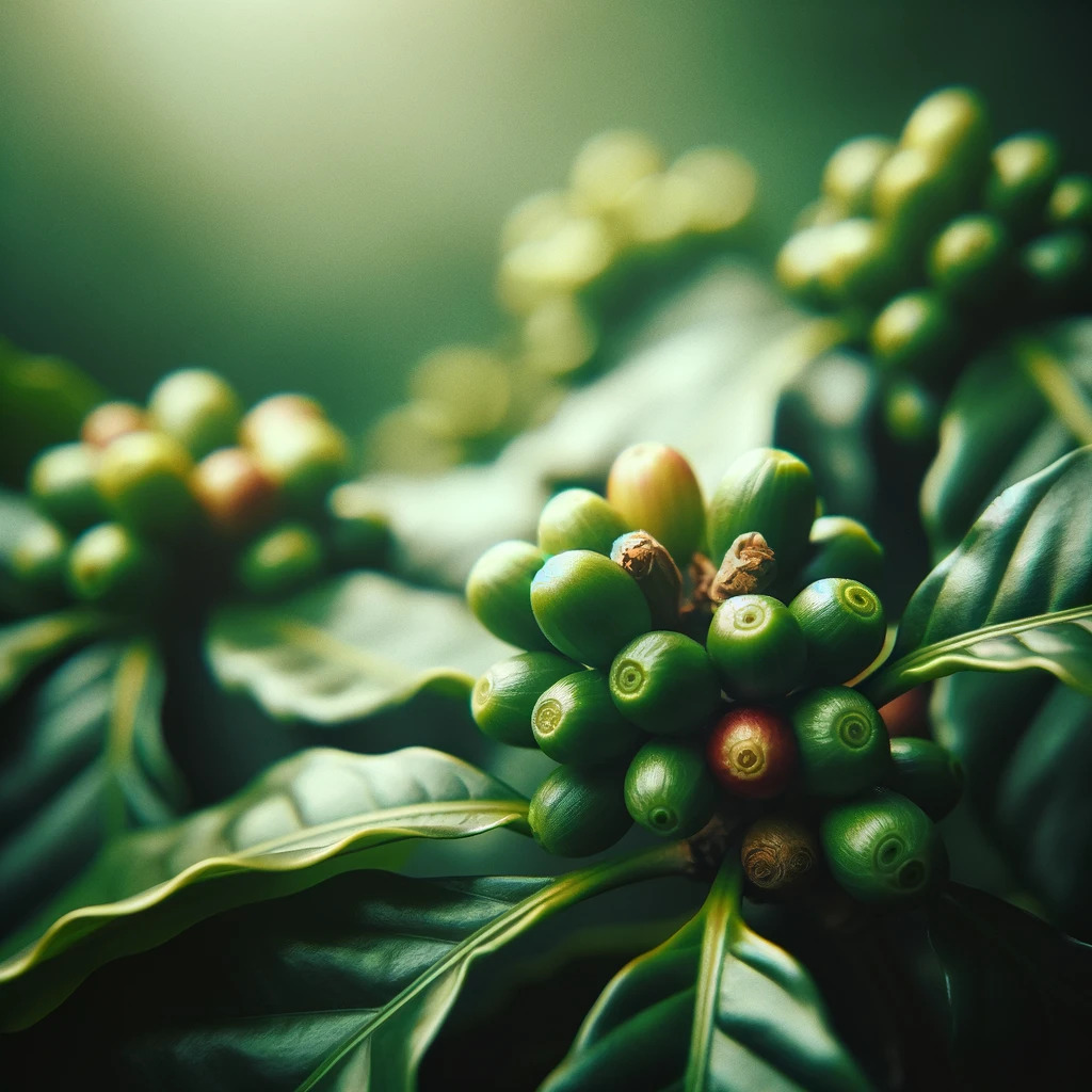 Coffee fruits developing on the plant.