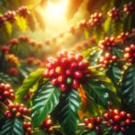 DALL·E 2023 11 27 12.41.34 Maturity and harvest stage of coffee An image depicting a coffee plantation with ripe red coffee cherries ready for harvest. The focus is on the bri