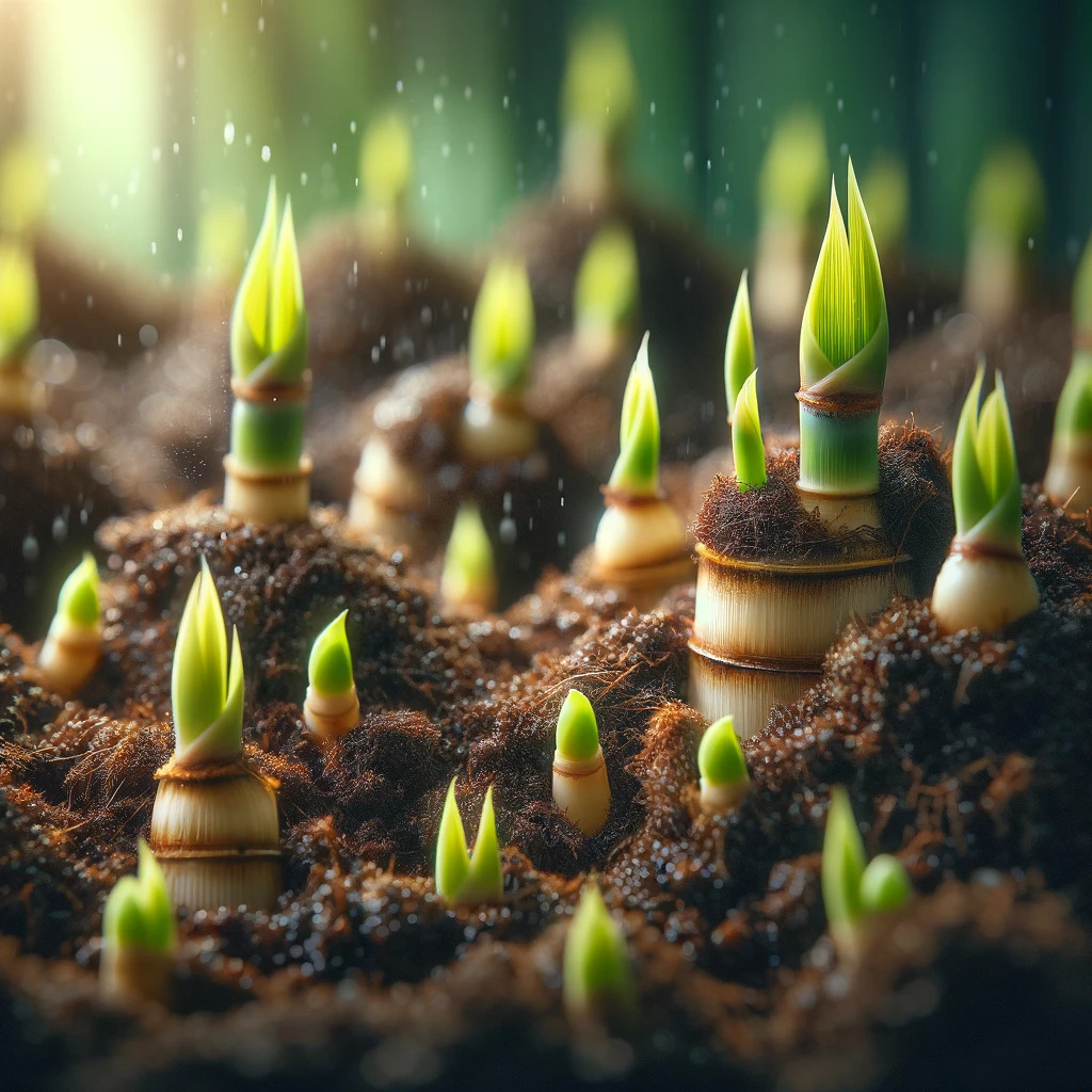 Sugarcane stalks germinating in fertile soil.