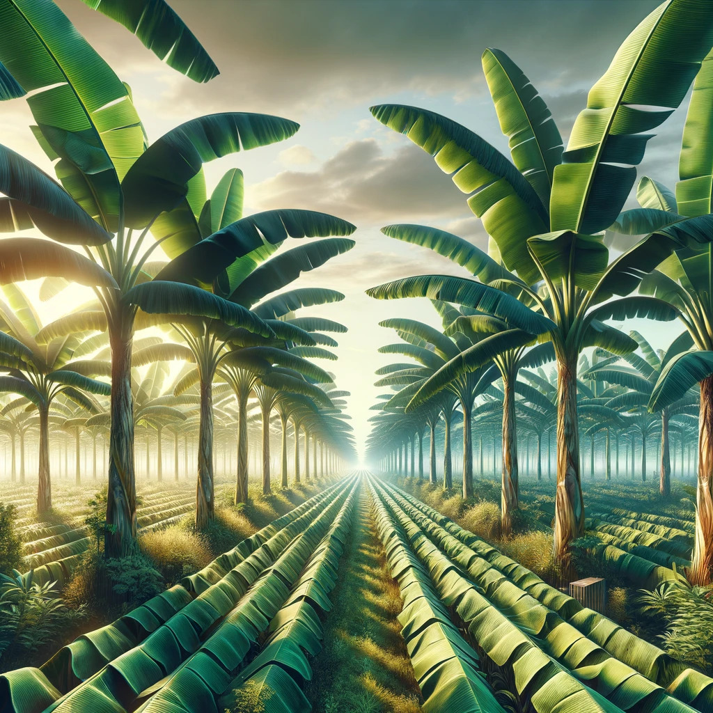 Vista panorâmica de uma plantação de banana, ilustrando o crescimento saudável e a vitalidade das plantas de banana em uma paisagem agrícola tropical. A cena destaca a essência do cultivo bem-sucedido de bananas, destacando a importância desse cultivo na agricultura tropical.