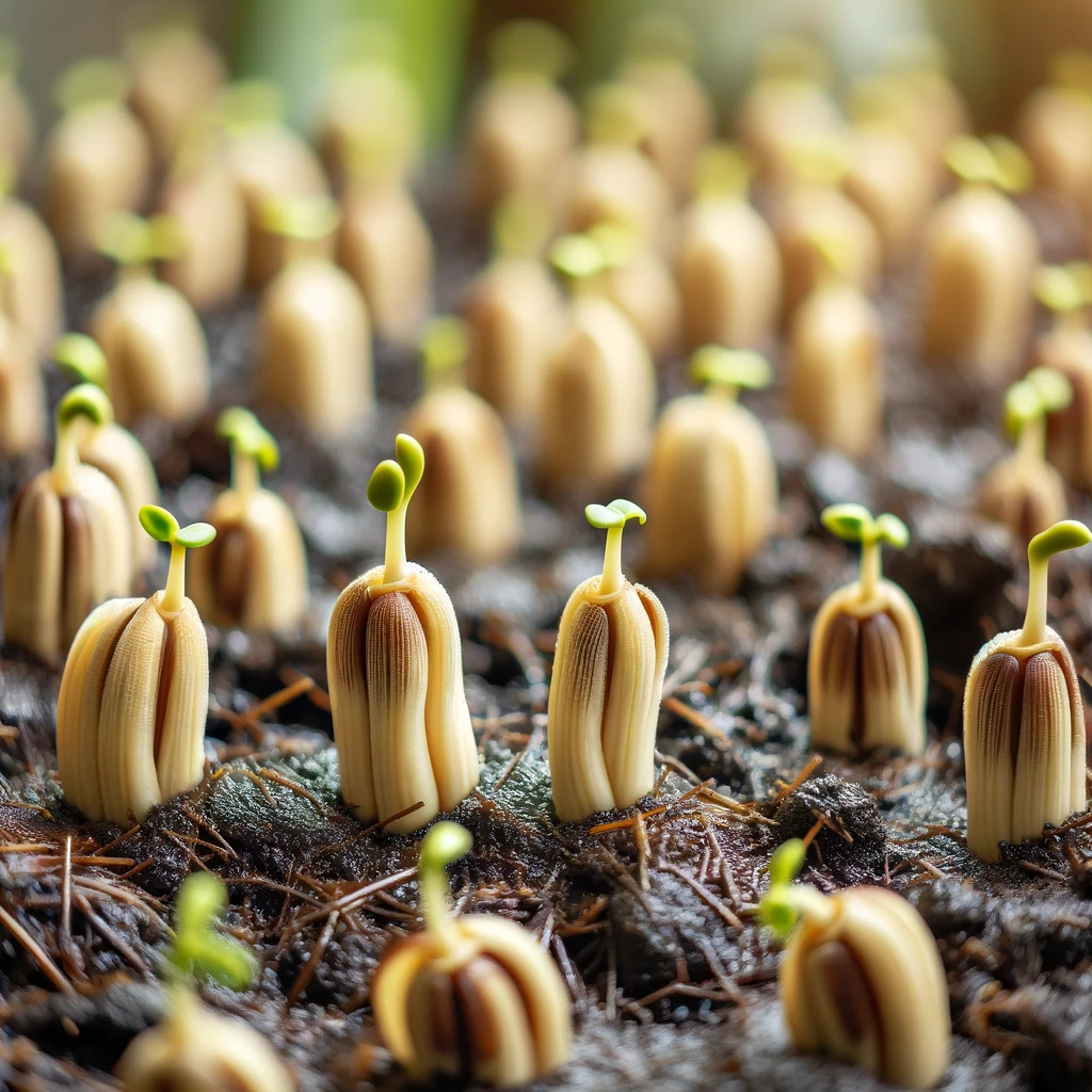 Banana shoots germinating in fertile soil.