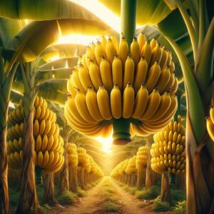 DALL·E 2023 11 27 13.18.41 Maturity and harvest stage of banana An image depicting a banana plantation with ripe yellow bananas ready for harvest. The focus is on the bright y