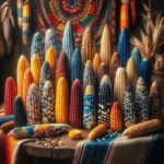 DALL·E 2023 11 27 17.50.47 A diverse range of native Mexican corn varieties displayed in a rustic setting. The image showcases ears of corn in various colors like blue red yel