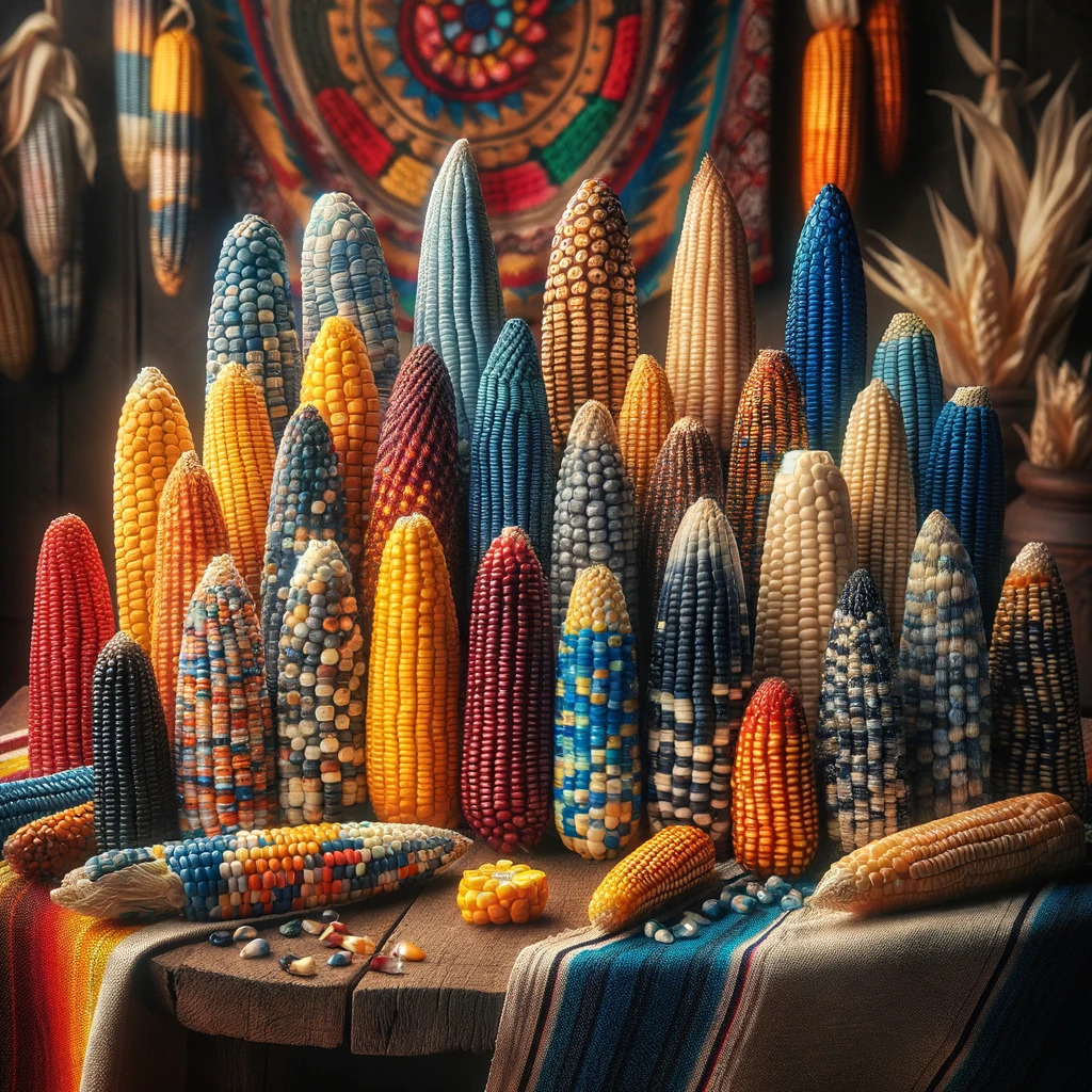 Various ears of native Mexican corn in vibrant colors displayed on a wooden surface with a traditional textile background.