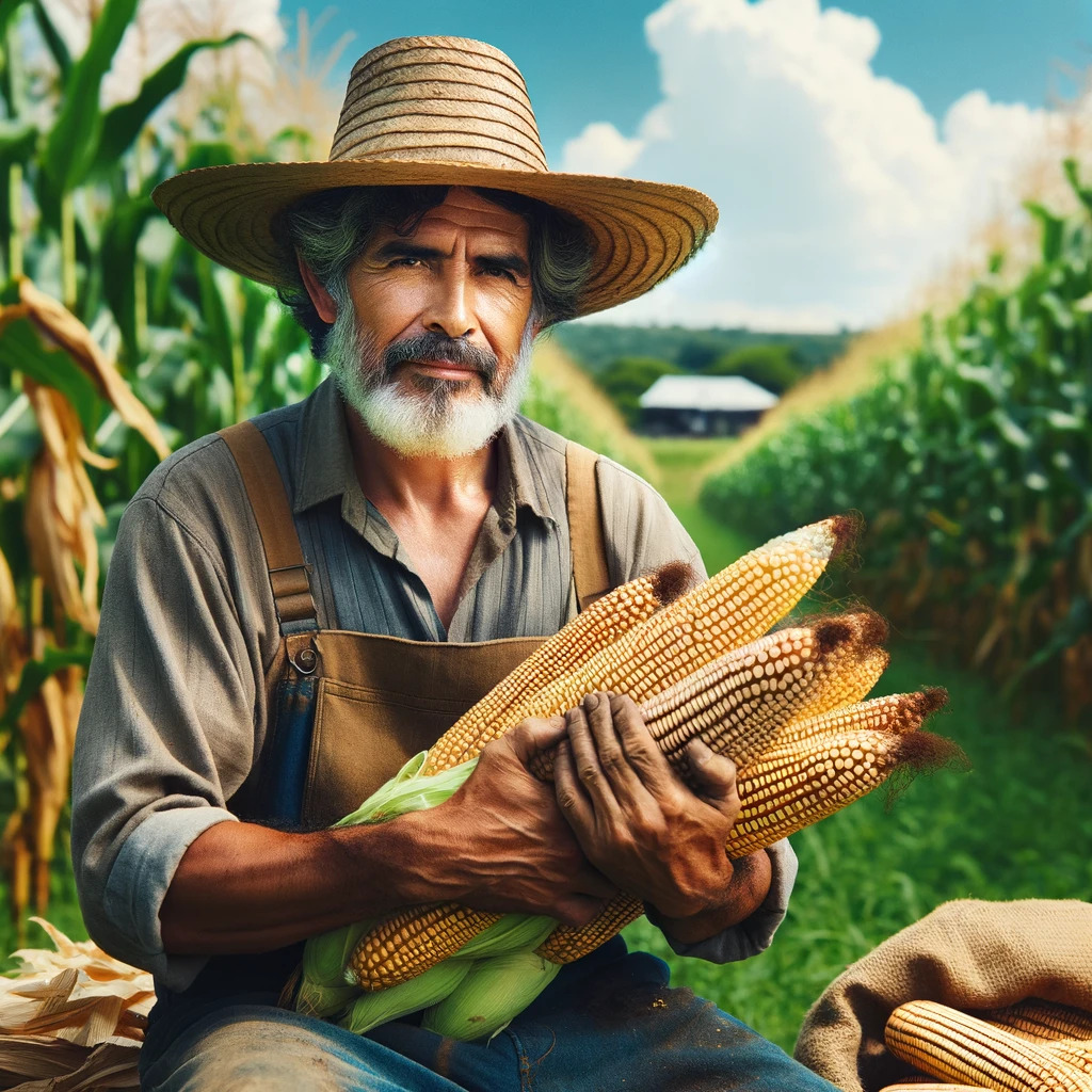 Agricultor mexicano en un campo de maíz verde bajo un cielo azul, mostrando la cosecha tradicional de maíz.