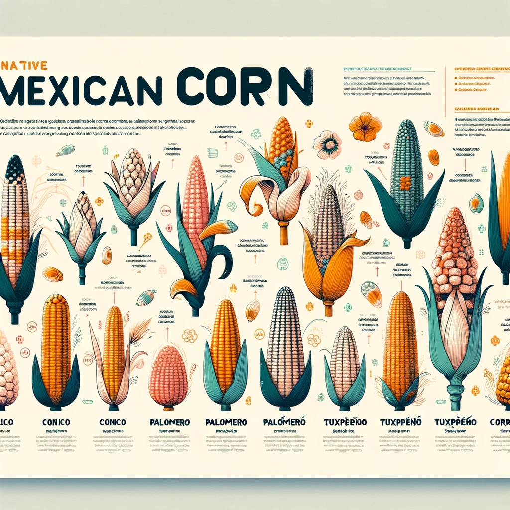 Ilustração informativa de varios tipos de maíz nativo mexicano con etiquetas.