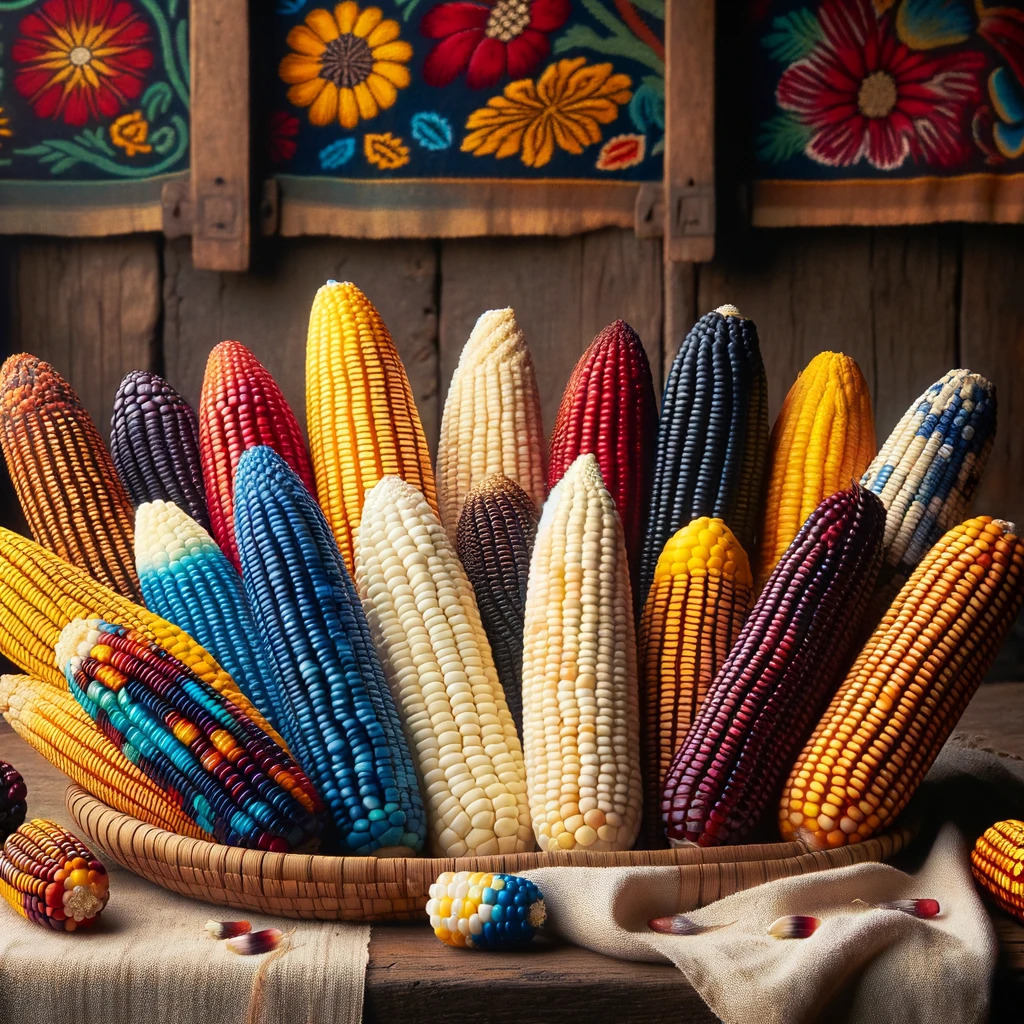 Variedades de maíz nativo mexicano en colores vibrantes.