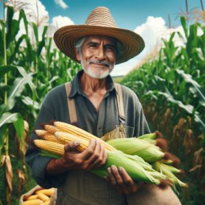 DALL·E 2023 11 27 18.06.38 A Mexican farmer in a field harvesting native corn. The image should depict a middle aged Hispanic man wearing a hat and simple work clothes surroun