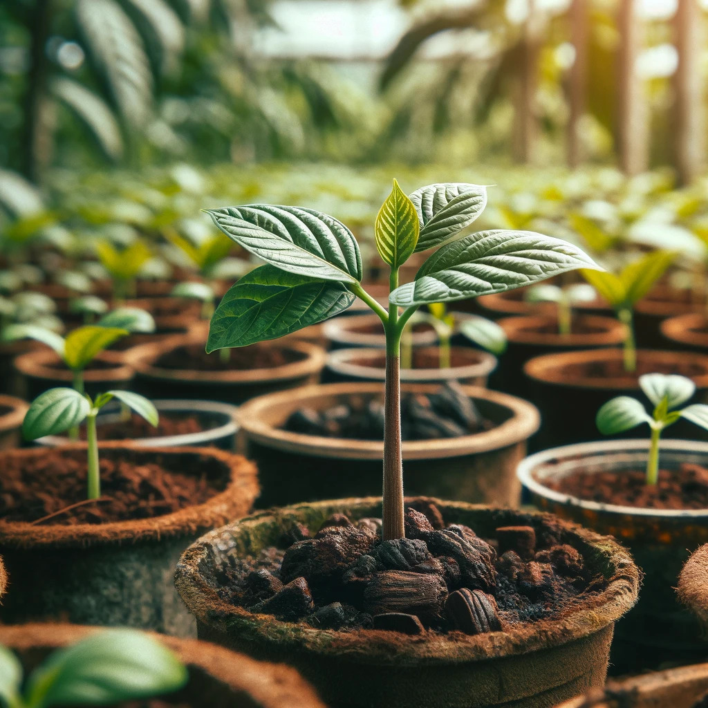 Cocoa seedlings in a nursery, representing the initial stage of the cocoa growth cycle.