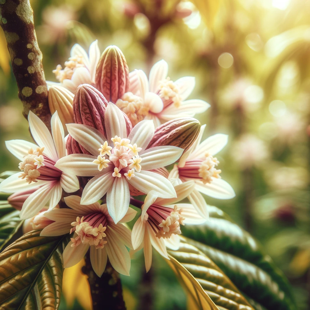 Flores delicadas de cacao en su árbol, etapa crucial en la producción de cacao.