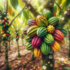 DALL·E 2023 11 28 12.14.58 An image capturing the fruiting stage of cacao trees showing cacao pods growing on the branches. The focus is on the colorful cacao pods ranging fro