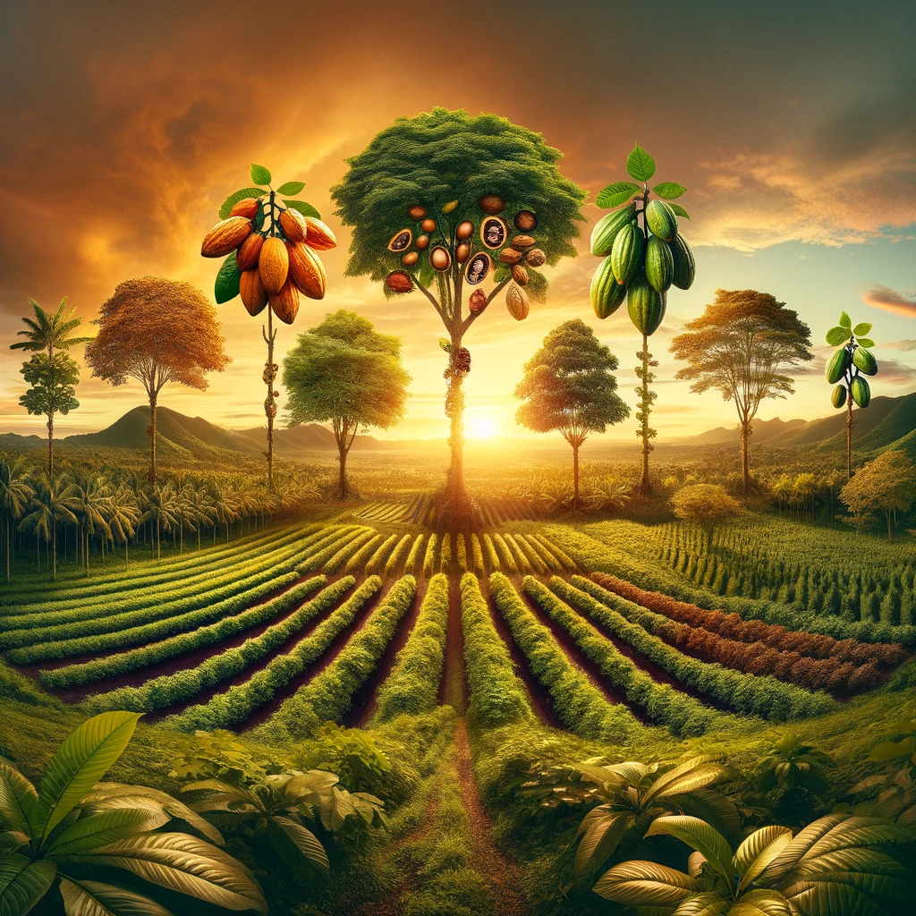 Cocoa plantation at sunset, representing the complete cocoa cultivation cycle.