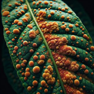 DALL·E 2023 11 28 13.08.01 A close up image of leaves affected by rust roya disease showing the characteristic reddish or yellowish pustules. The focus is on the detailed tex