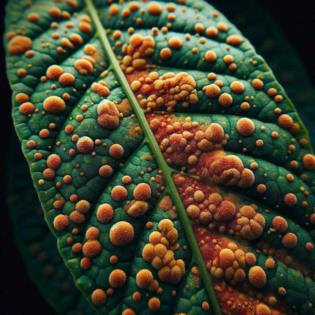 Hojas de plantas con síntomas visibles de roya, importante para el diagnóstico temprano en agricultura.