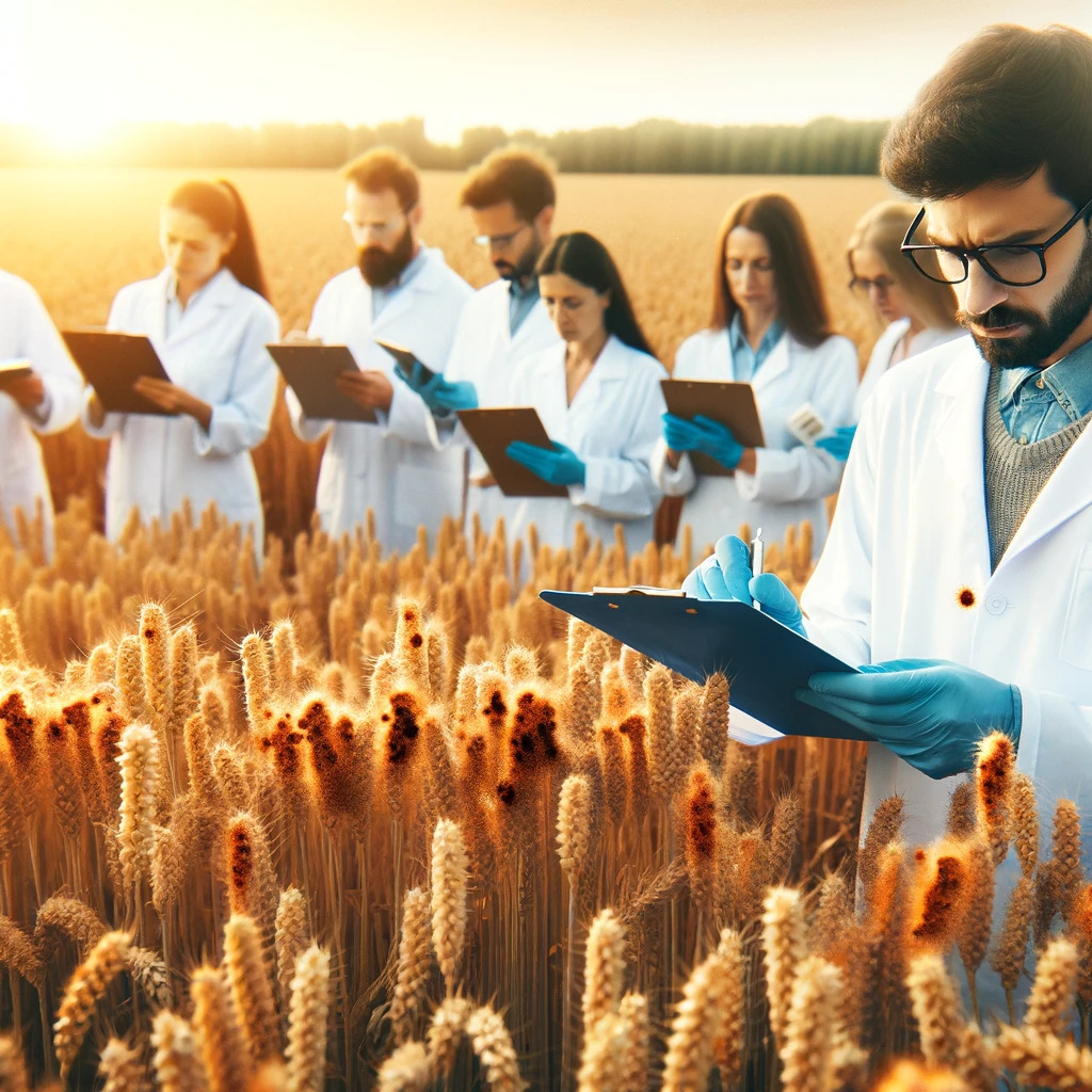 Investigadores en campo estudiando variedades de trigo resistentes a la roya, avance crucial en agricultura.