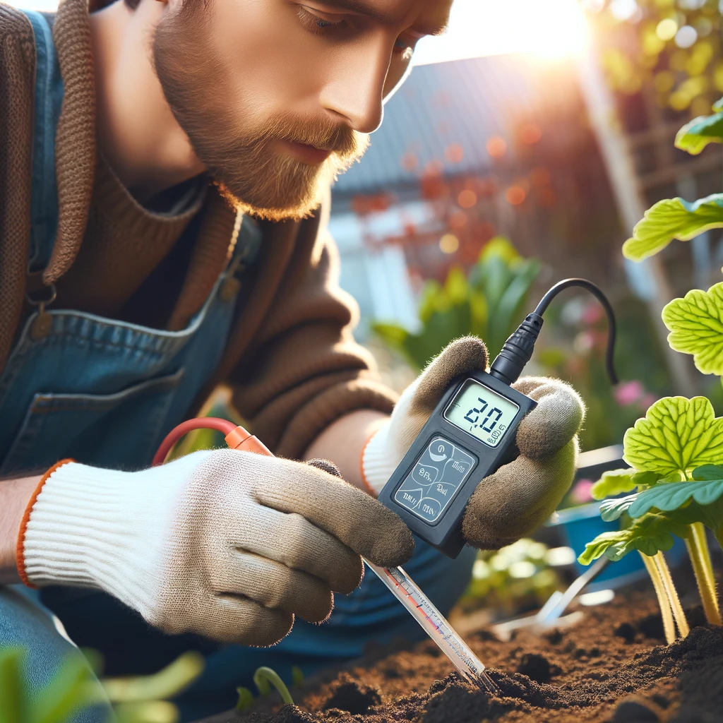 Jardineiro usando um medidor de pH para avaliar a acidez ou alcalinidade do solo.