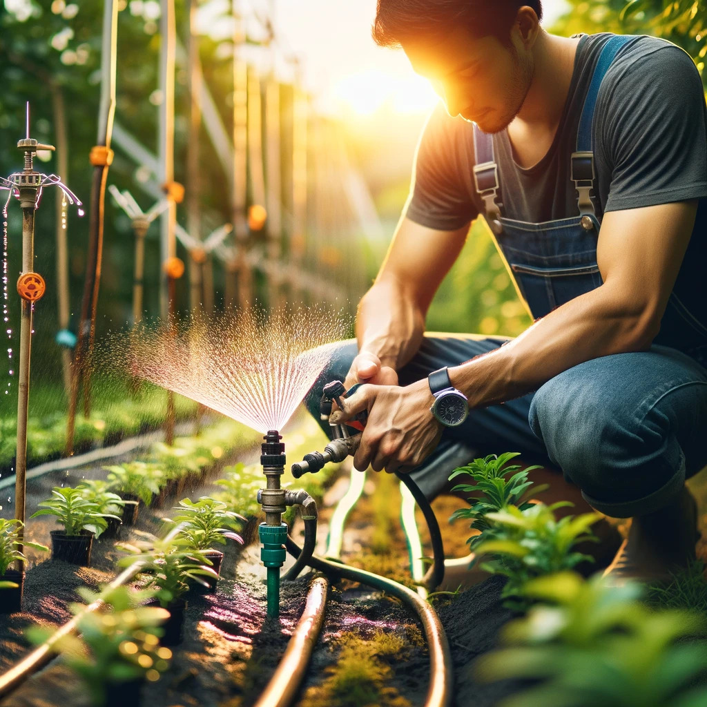 Jardineiro trabalhando com sistemas de irrigação por gotejamento ou aspersão para uma irrigação adequada.