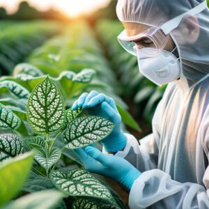 DALL·E 2023 11 28 16.59.11 An image of a farmer inspecting crops for signs of mosaic virus infection. The farmer wearing protective gear and gloves is examining the leaves of