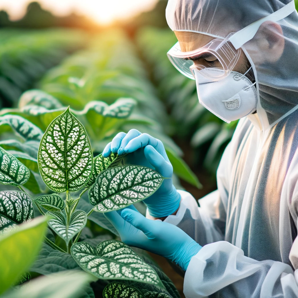 Agricultor examinando cuidadosamente as plantas para detectar o vírus do mosaico.