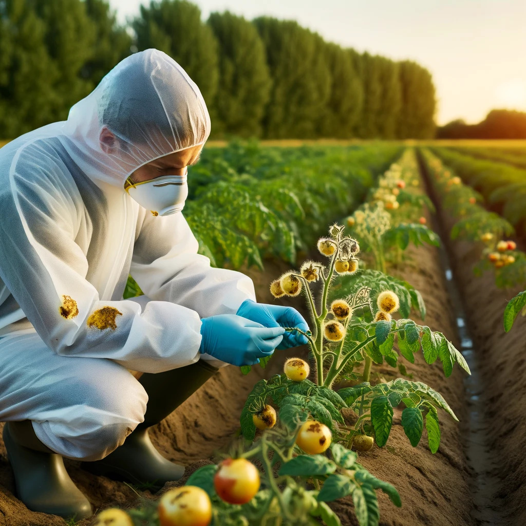 Agricultor examinando cuidadosamente cultivos para detectar tizón.