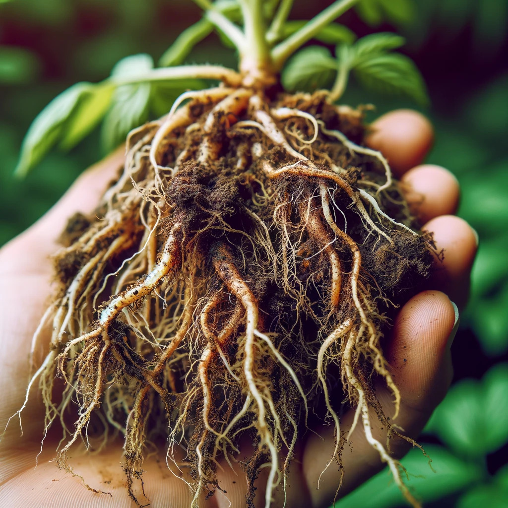 Raíces de plantas afectadas por la podredumbre de la raíz, evidenciando decoloración y deterioro.