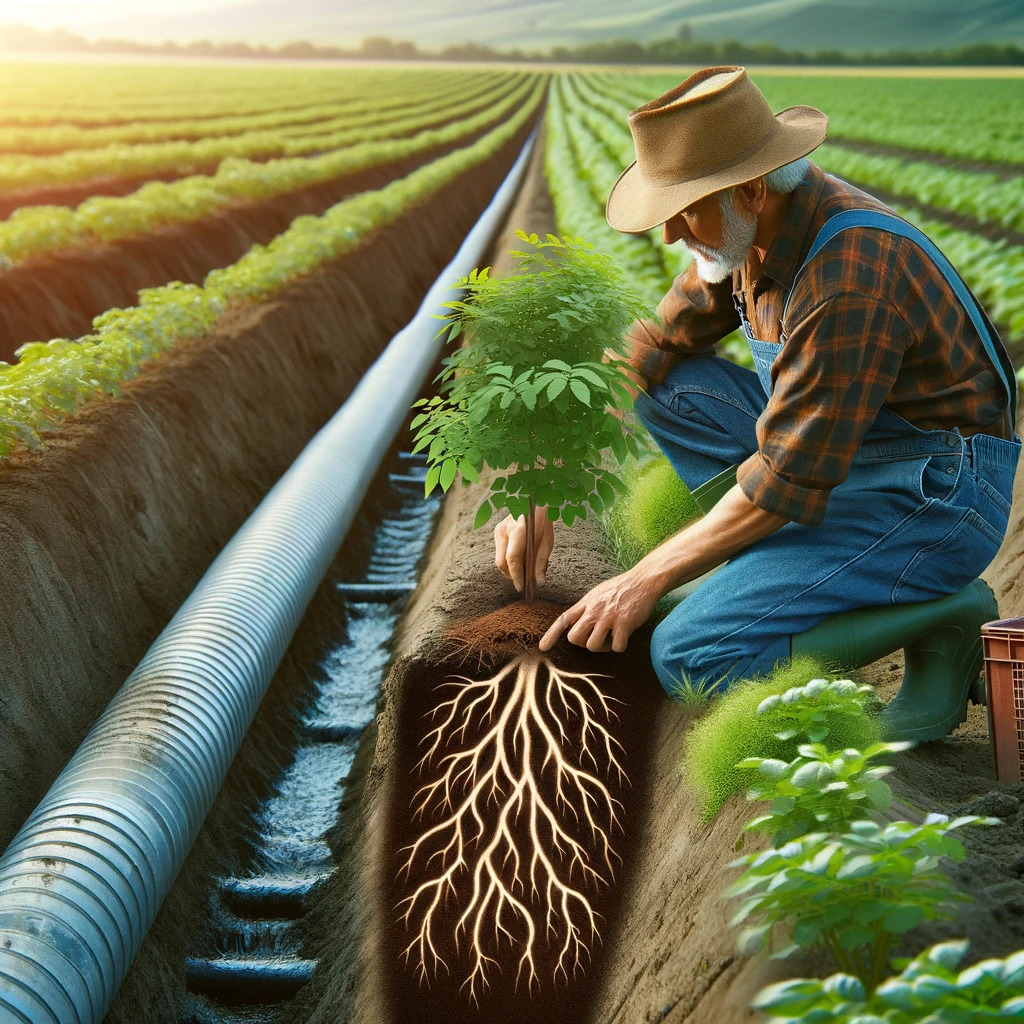 Agricultor melhorando o drenagem do solo em um campo para combater a podridão da raiz.