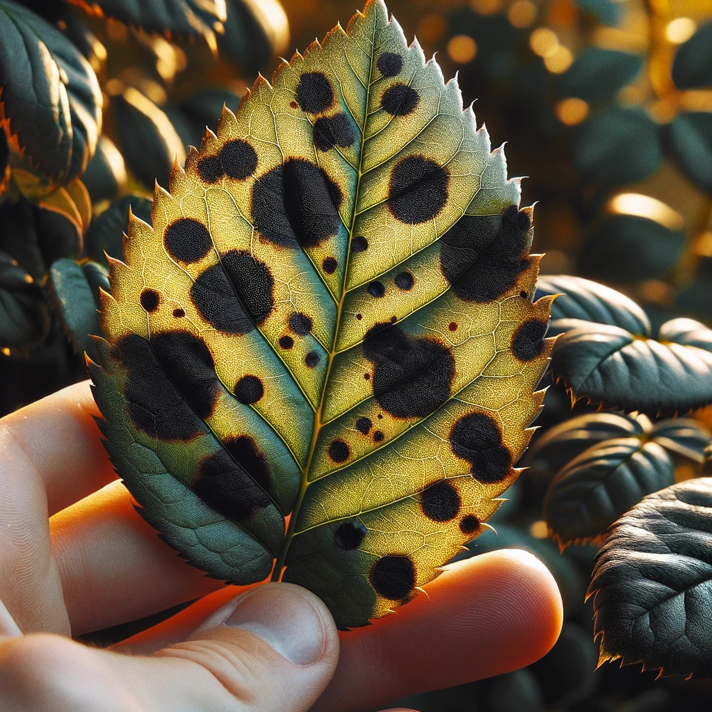 Gardener carefully removing leaves affected by black spot on a rose bush.